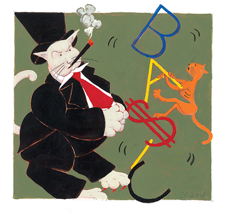 painting of a fat cat in manner of Mr. Monopoly and skinny cat and word BASIC