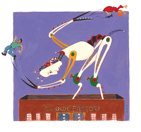 painting of robot tossing workers out of "ye olde factory"