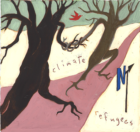painting of trees running along road as representation of climate change and refugees