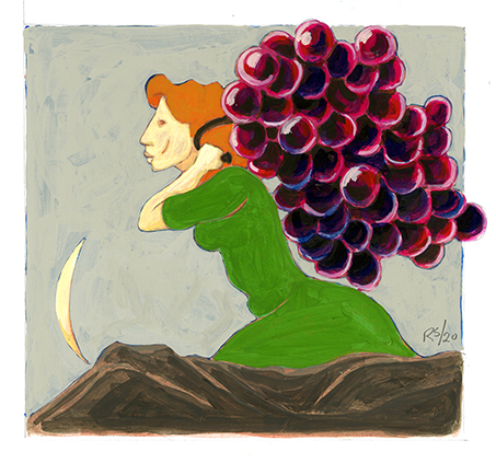 Painting of woman behind a mountain range carrying large bunch of grapes
