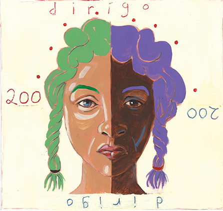 Woman's face with two different shades of skin tones and hair color and "dirigo" and "200"