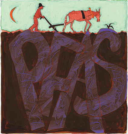 Farmer behind a mule pulling a plow with over soil with letters PFAS.